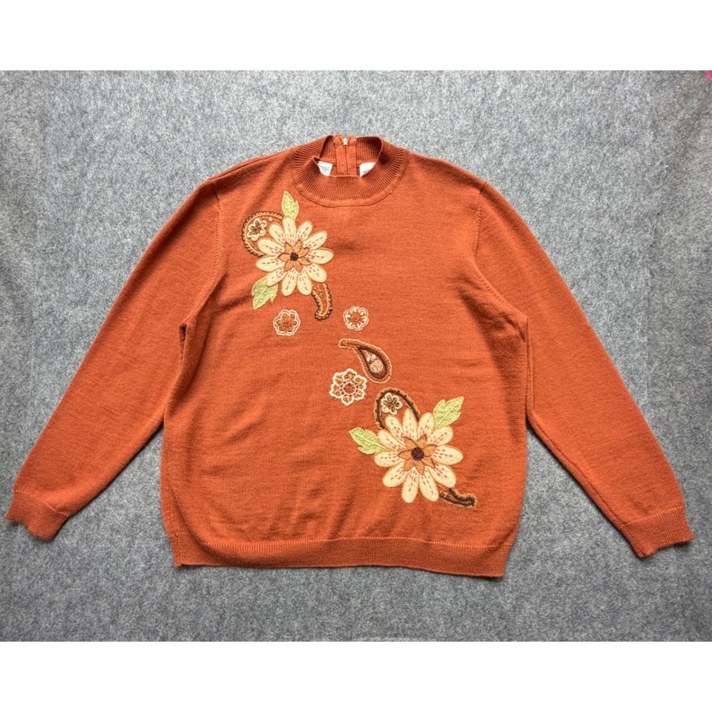 Vintage Alfred Dunner Orange Embroidered Floral Wool Blend Sweater Large 80s 90s